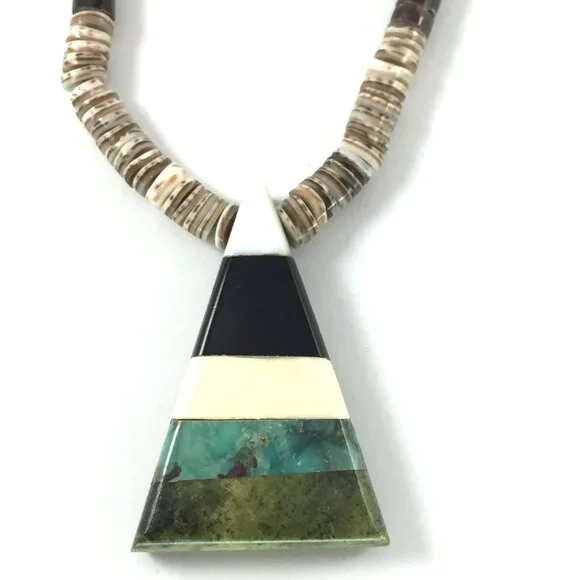 Kewa / Santo Domingo-Style Shell Heishi Necklace, Inlay Tab Pendant, 16″ - Picture 1 of 11